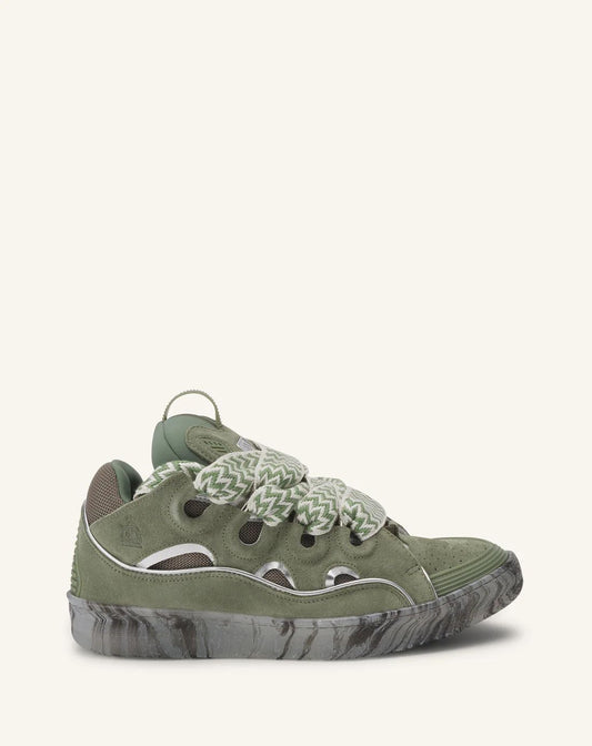 Leather Curb Sneakers with Marbled Sole Green