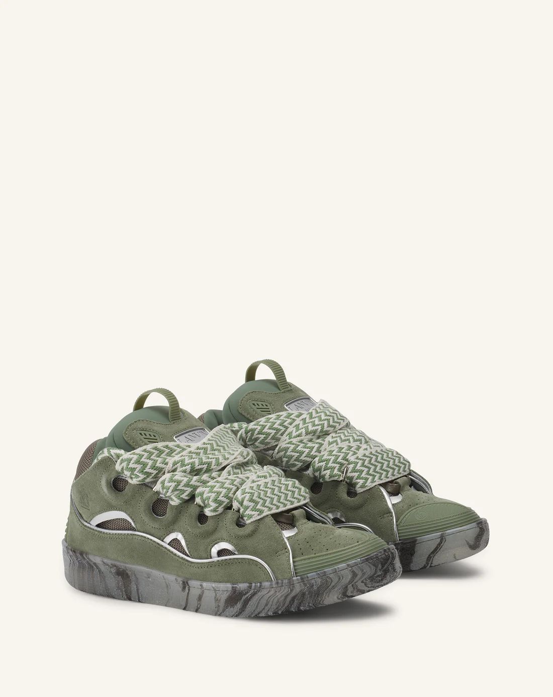 Leather Curb Sneakers with Marbled Sole Green