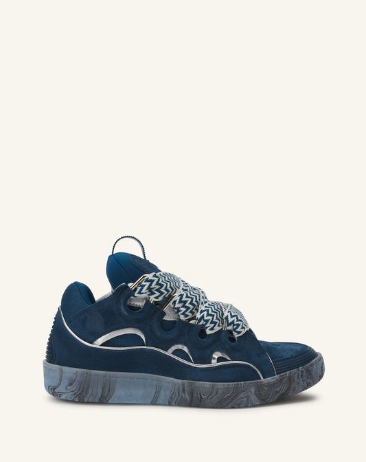 Leather Curb Sneakers with Marbled Sole Blue