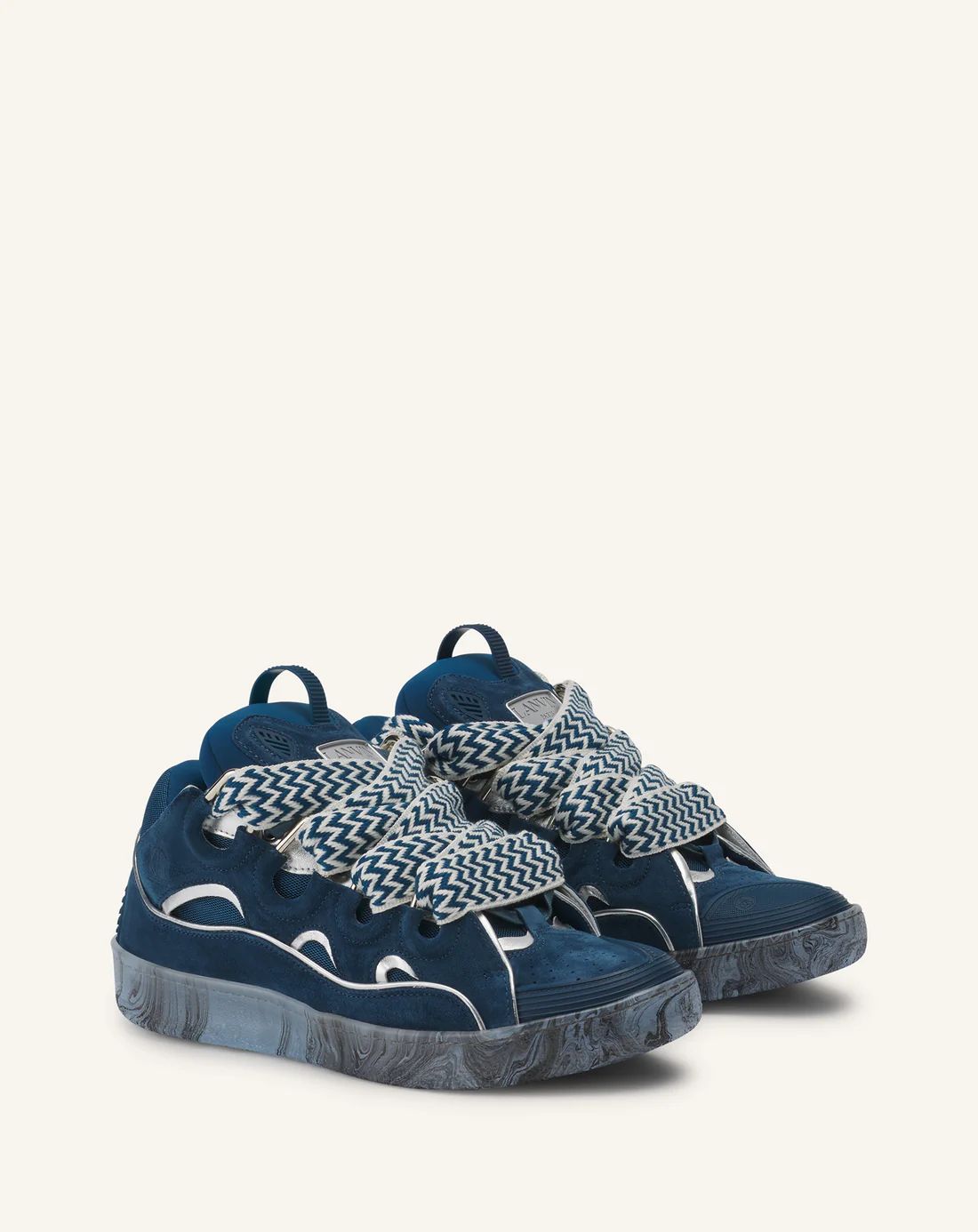 Leather Curb Sneakers with Marbled Sole Blue